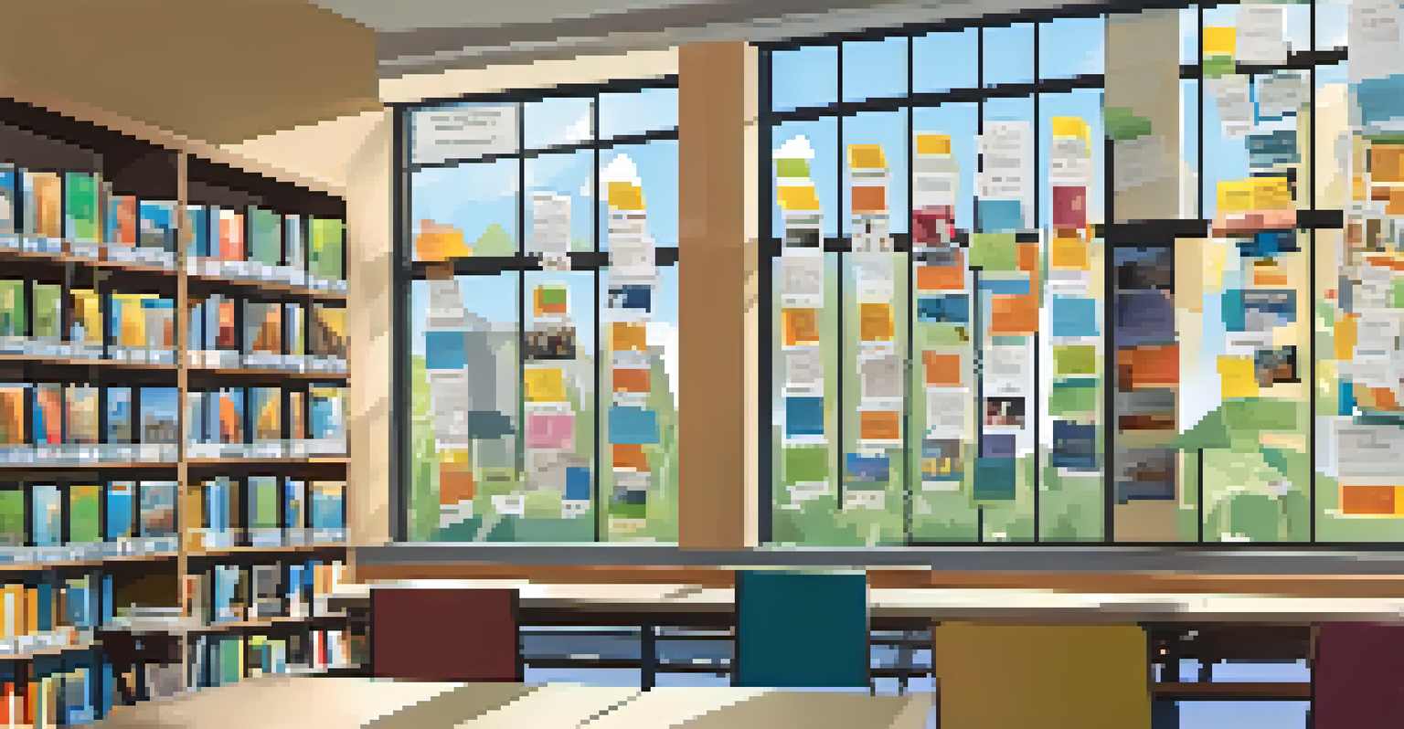 A bulletin board in a library displaying various volunteer opportunity flyers, surrounded by bookshelves in a bright setting.
