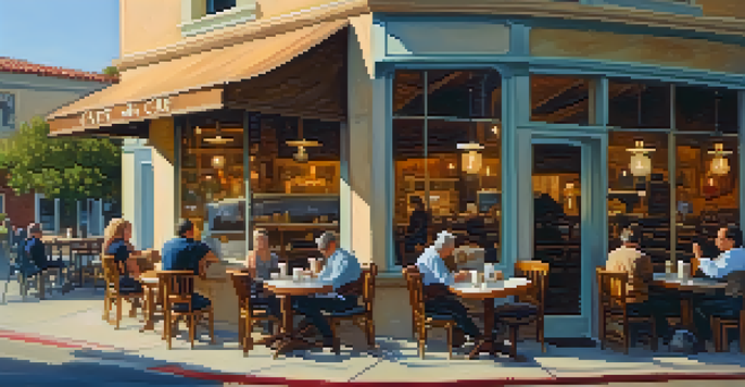 A warm and inviting café with sunlight streaming through large windows, a wooden table with a latte and pastry, and cozy decor.