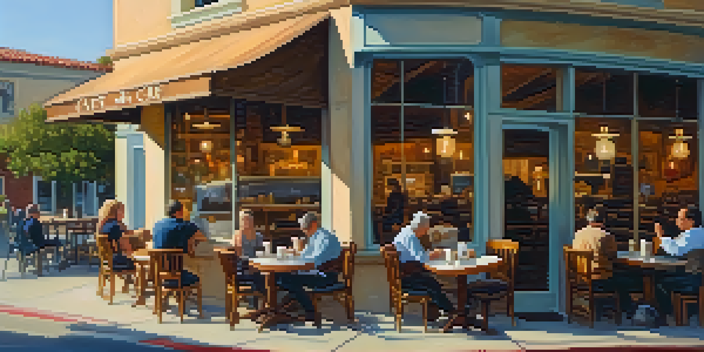 A warm and inviting café with sunlight streaming through large windows, a wooden table with a latte and pastry, and cozy decor.