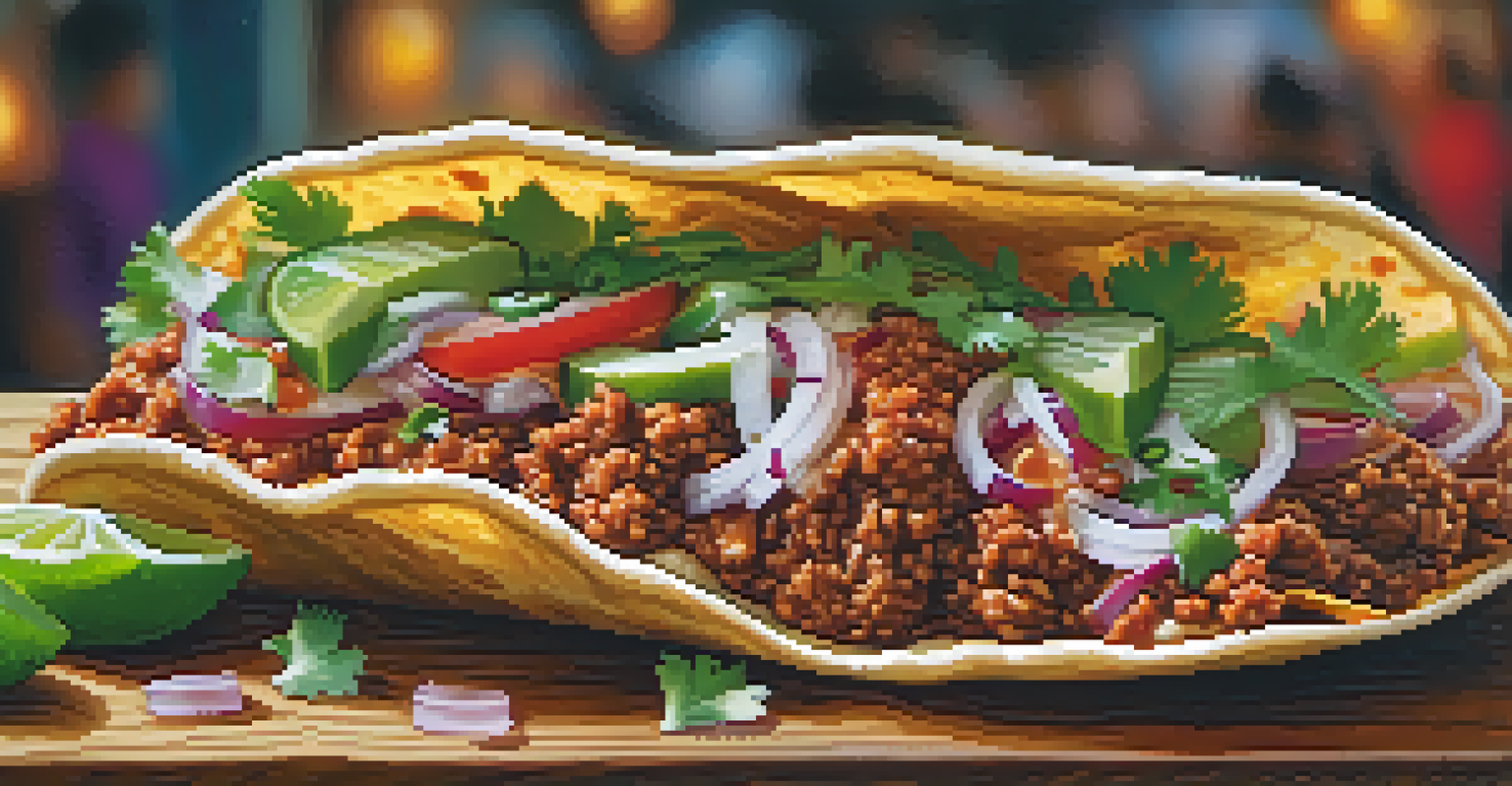 A close-up view of a colorful gourmet taco filled with al pastor meat, cilantro, onions, and lime on a rustic wooden table.