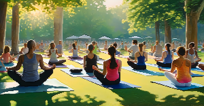 A peaceful outdoor yoga class at sunrise in a green park with participants on colorful mats surrounded by trees and flowers.