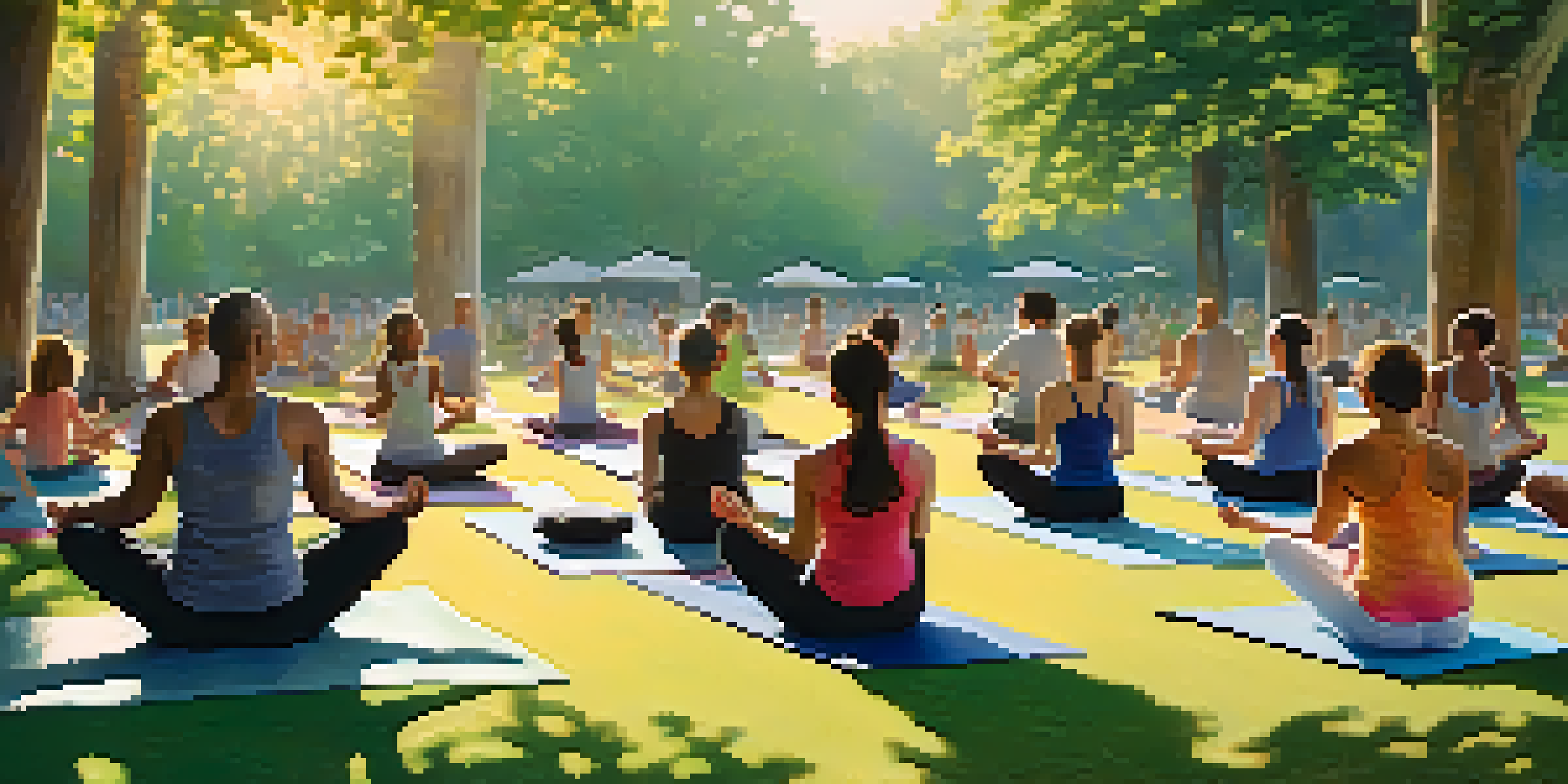 A peaceful outdoor yoga class at sunrise in a green park with participants on colorful mats surrounded by trees and flowers.