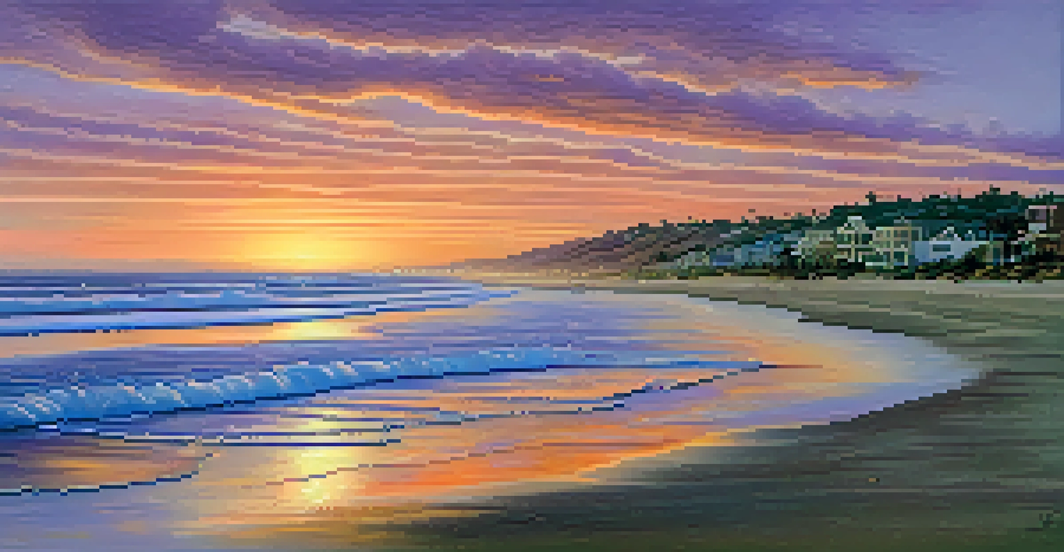 A calm winter evening at Carlsbad beach with a couple walking along the shore during a colorful sunset.