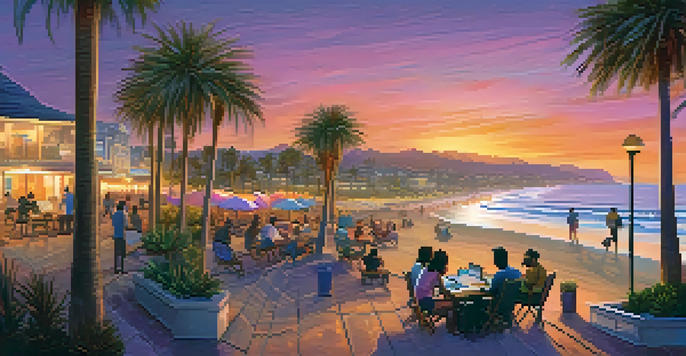 A picturesque sunset over the coastline of Carlsbad, California, with tech entrepreneurs discussing ideas on the beach.