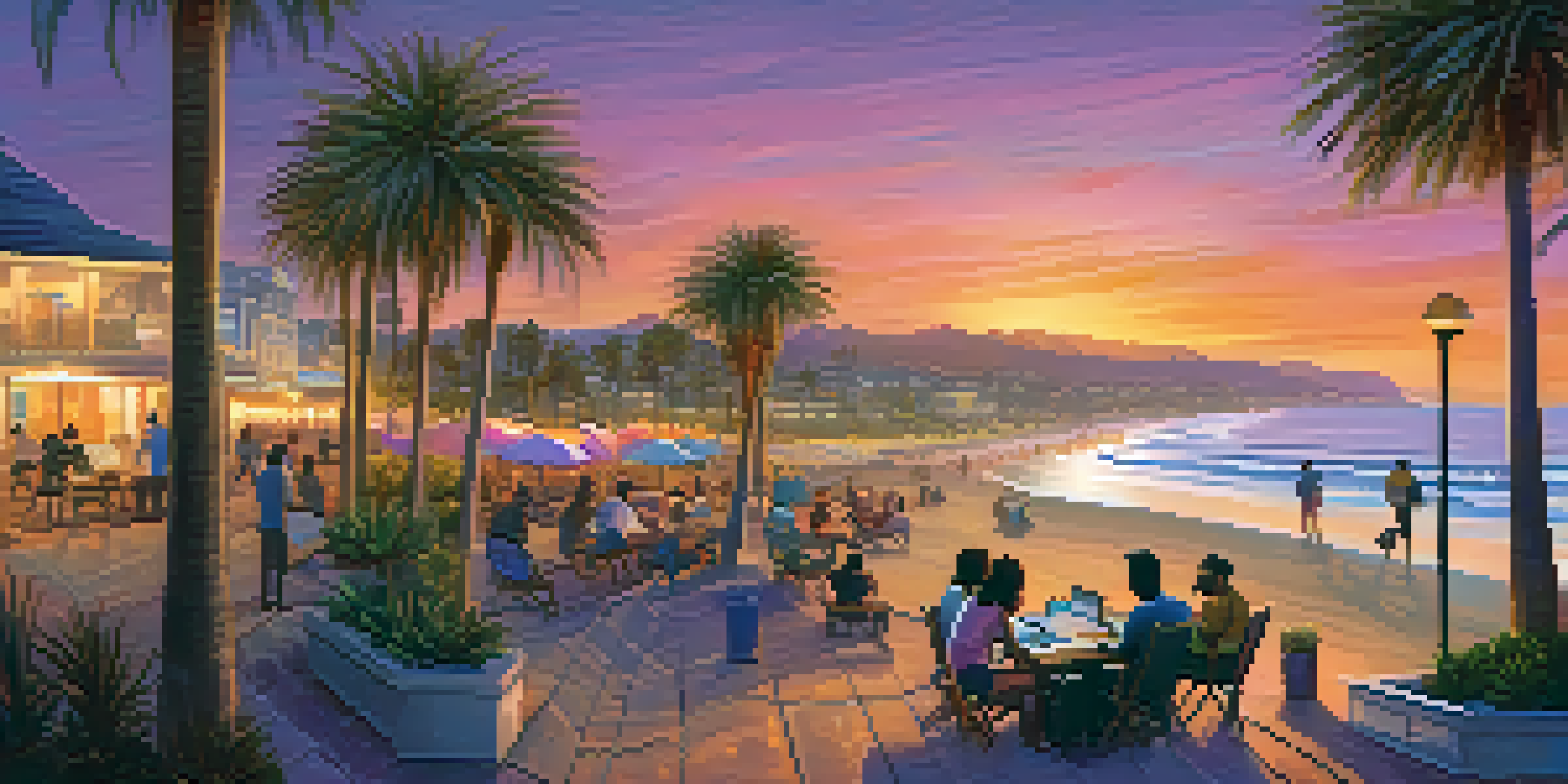 A picturesque sunset over the coastline of Carlsbad, California, with tech entrepreneurs discussing ideas on the beach.
