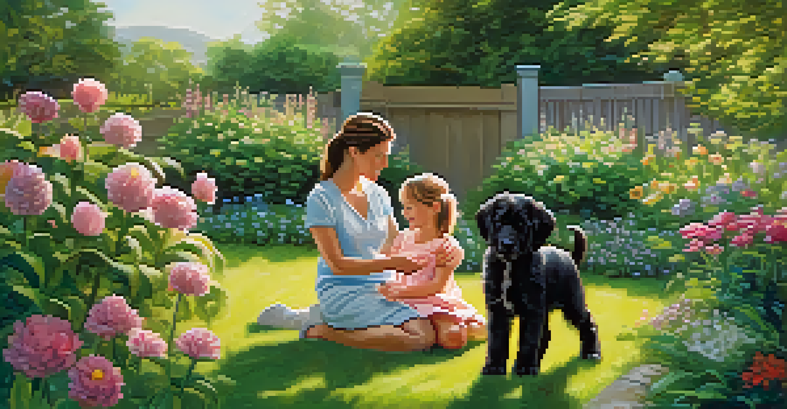 A family introducing a new puppy to a child in a garden, with flowers and greenery in the background.