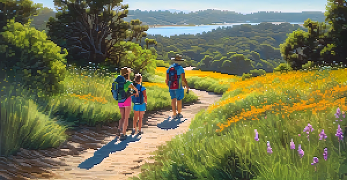 A family enjoying a hike on the Batiquitos Lagoon Trail, with children looking through binoculars and birds in the background.