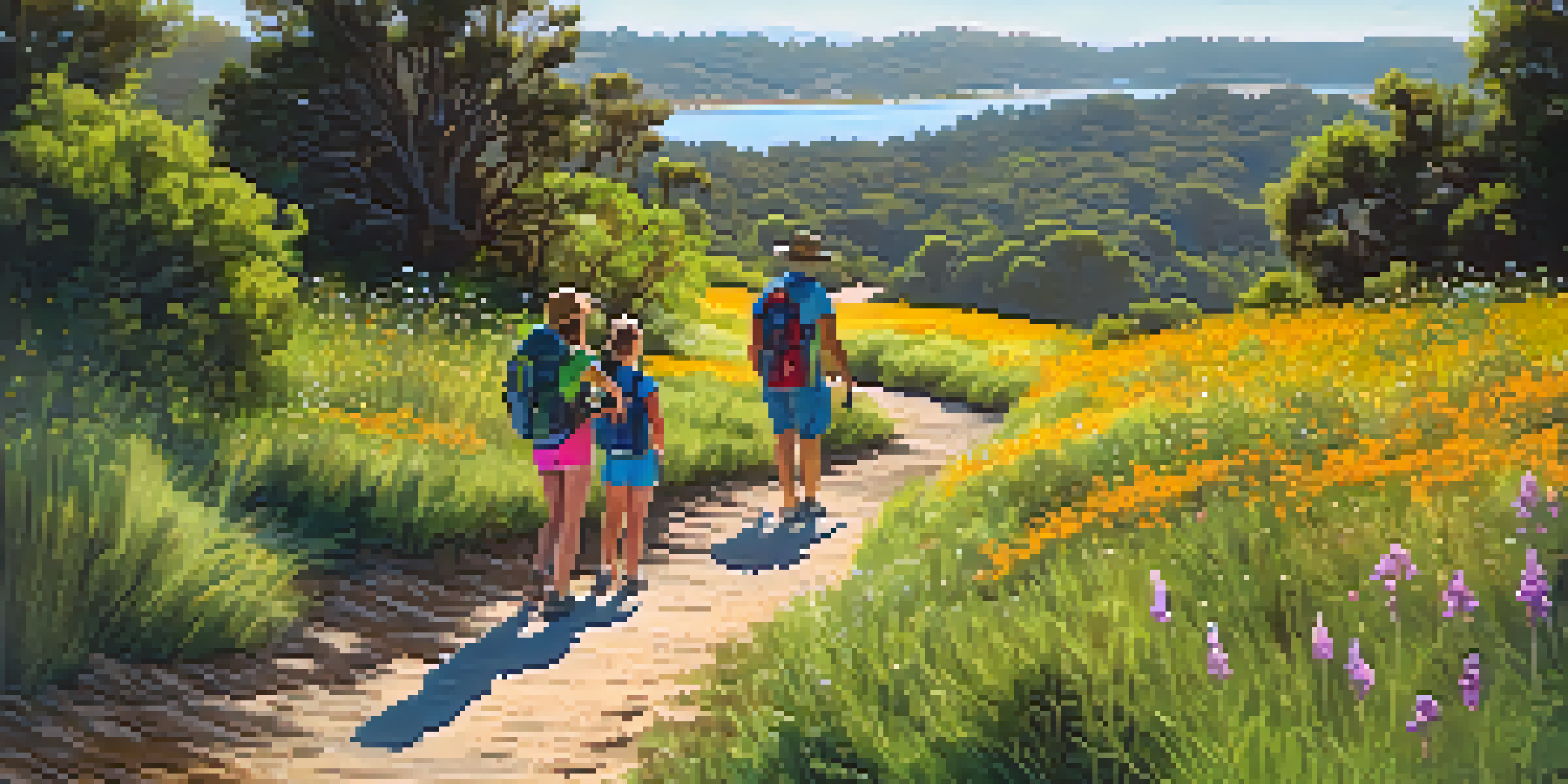 A family enjoying a hike on the Batiquitos Lagoon Trail, with children looking through binoculars and birds in the background.