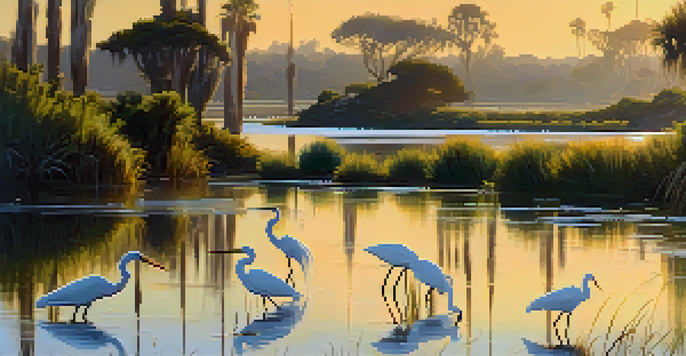 A peaceful sunrise at Batiquitos Lagoon with Great Egrets and herons in the water, surrounded by green foliage.