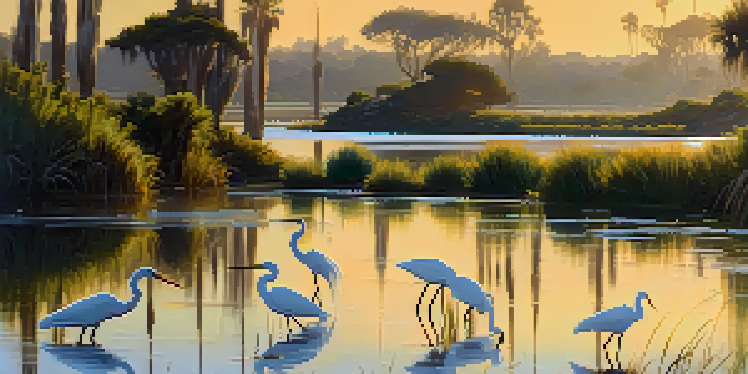A peaceful sunrise at Batiquitos Lagoon with Great Egrets and herons in the water, surrounded by green foliage.