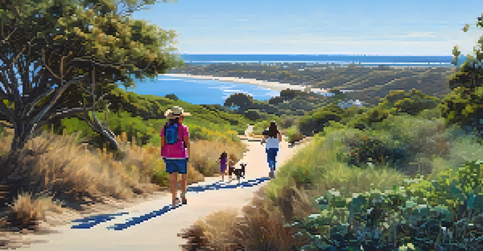 A family hiking on a flat trail surrounded by greenery and wildlife, with the Pacific Ocean in the background.