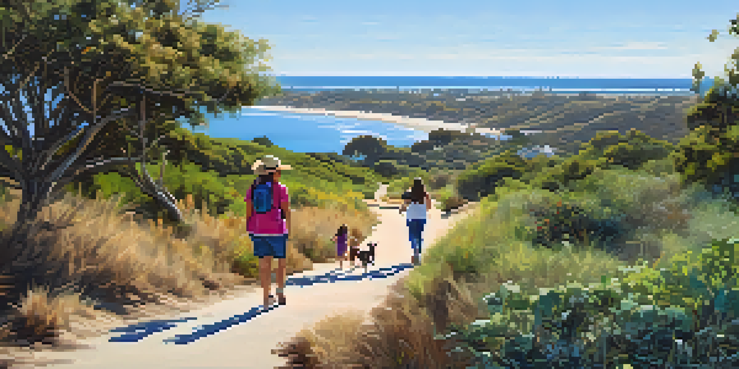 A family hiking on a flat trail surrounded by greenery and wildlife, with the Pacific Ocean in the background.
