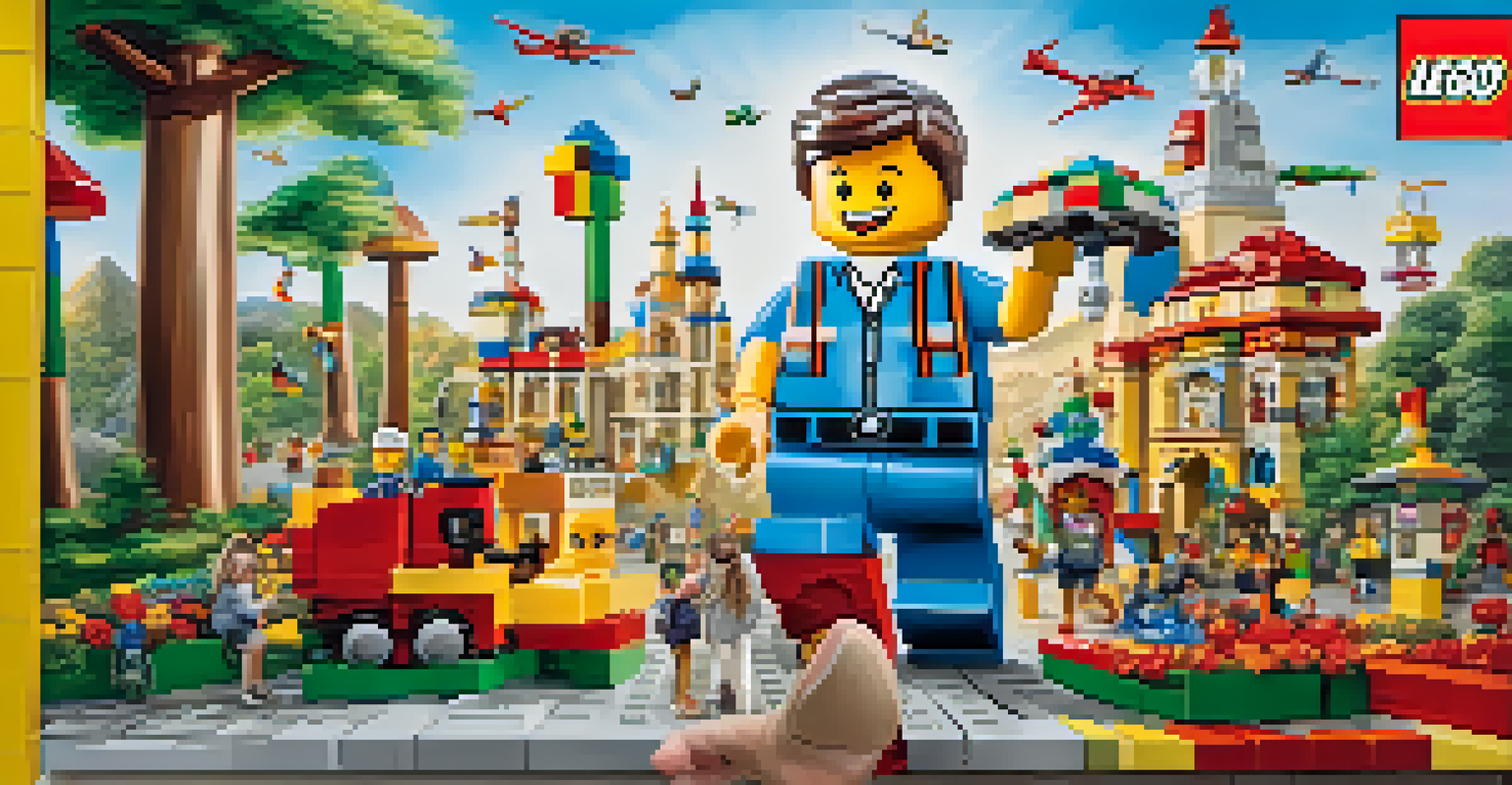 A close-up of a joyful child holding a Lego creation in front of giant Lego sculptures in Legoland California.
