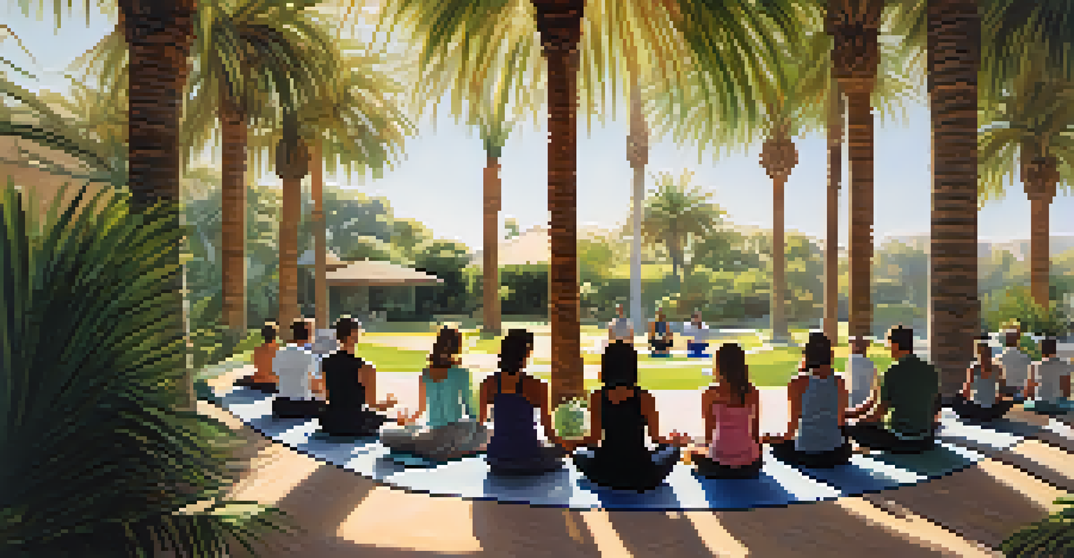 A small group of people meditating under a palm tree, creating a serene and intimate atmosphere.