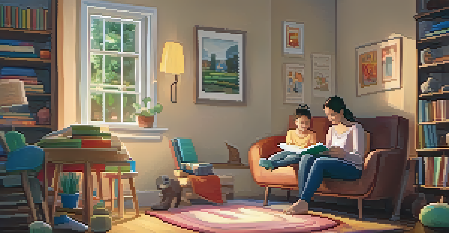 A warm home environment with a parent reading a bilingual book to a child, surrounded by family photos and children's artwork.