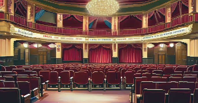 A warm and inviting interior of the Carlsbad Village Theatre with vintage decor and plush red seats, illuminated by soft lighting.