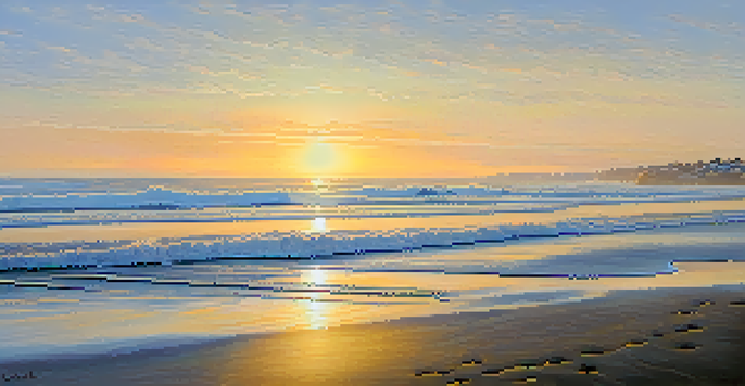 A peaceful dawn scene at Carlsbad beach with golden sunlight and gentle waves, shrouded in a light fog.