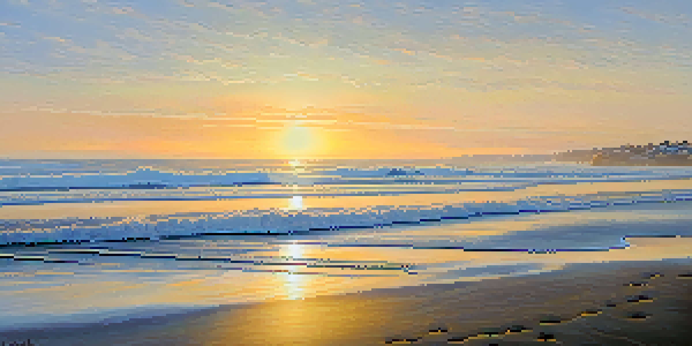 A peaceful dawn scene at Carlsbad beach with golden sunlight and gentle waves, shrouded in a light fog.