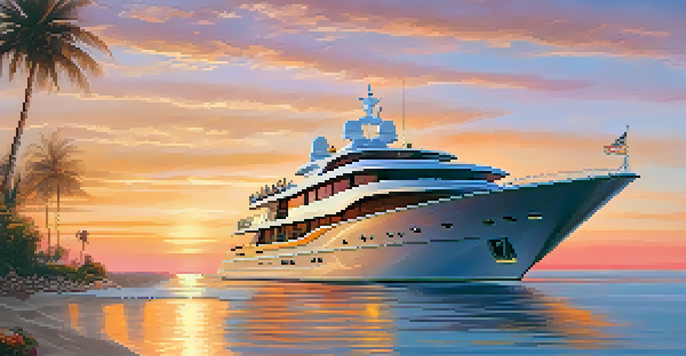 A luxury yacht sailing on calm waters at sunset, surrounded by guests enjoying the moment with a beautiful coastline in the background.