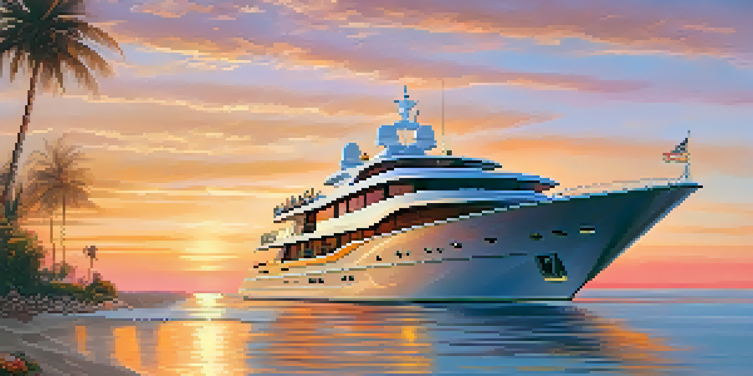 A luxury yacht sailing on calm waters at sunset, surrounded by guests enjoying the moment with a beautiful coastline in the background.