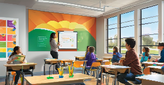 A bright modern classroom with students using interactive technology and virtual reality.