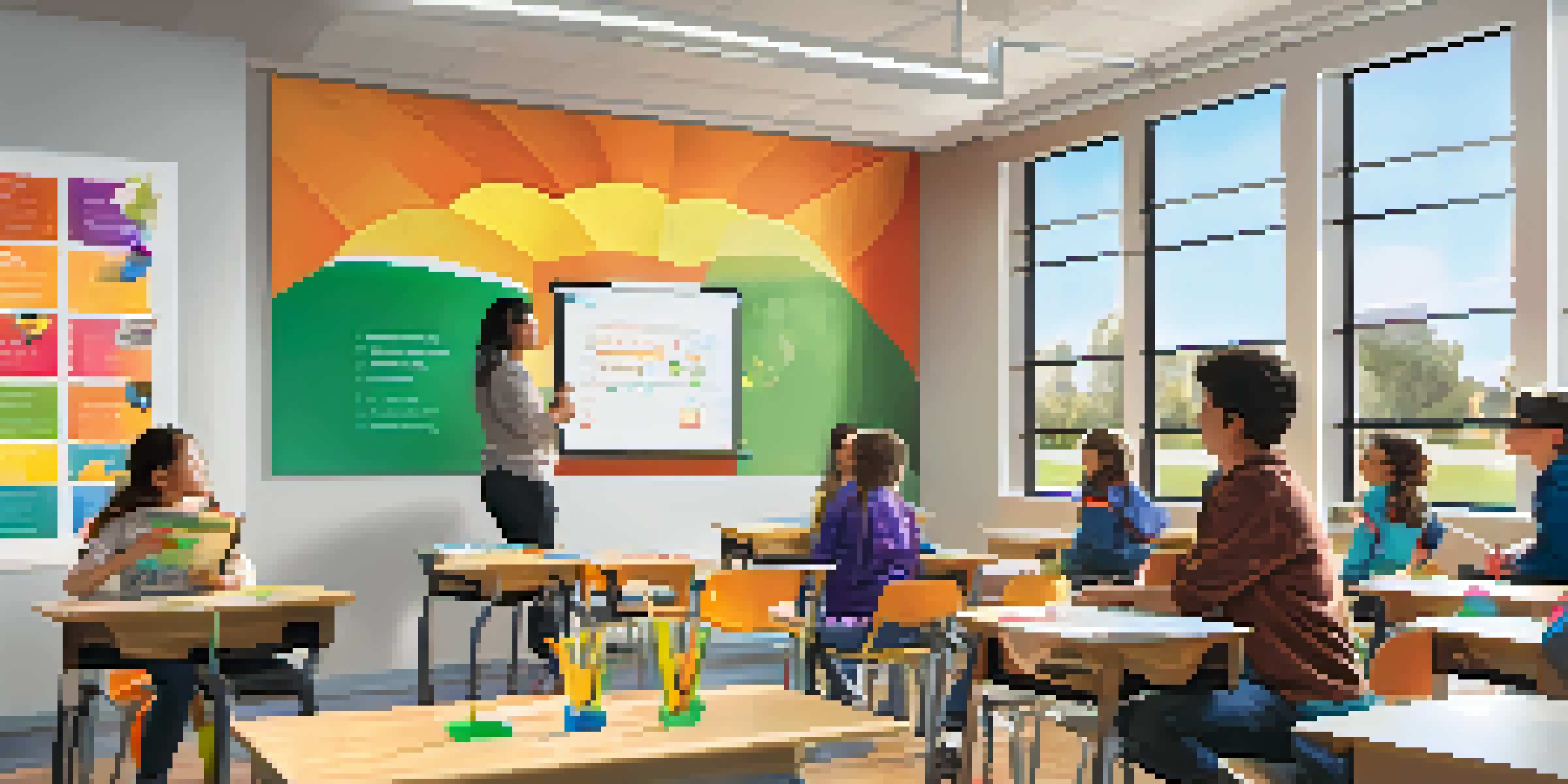 A bright modern classroom with students using interactive technology and virtual reality.