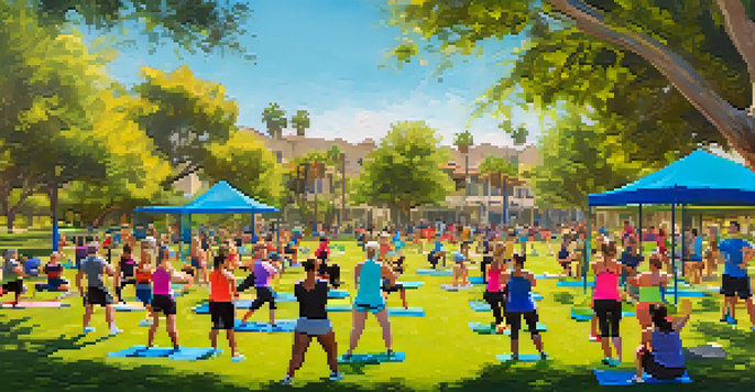 A diverse group of people participating in an outdoor fitness bootcamp in a sunny park, with a trainer leading the session.