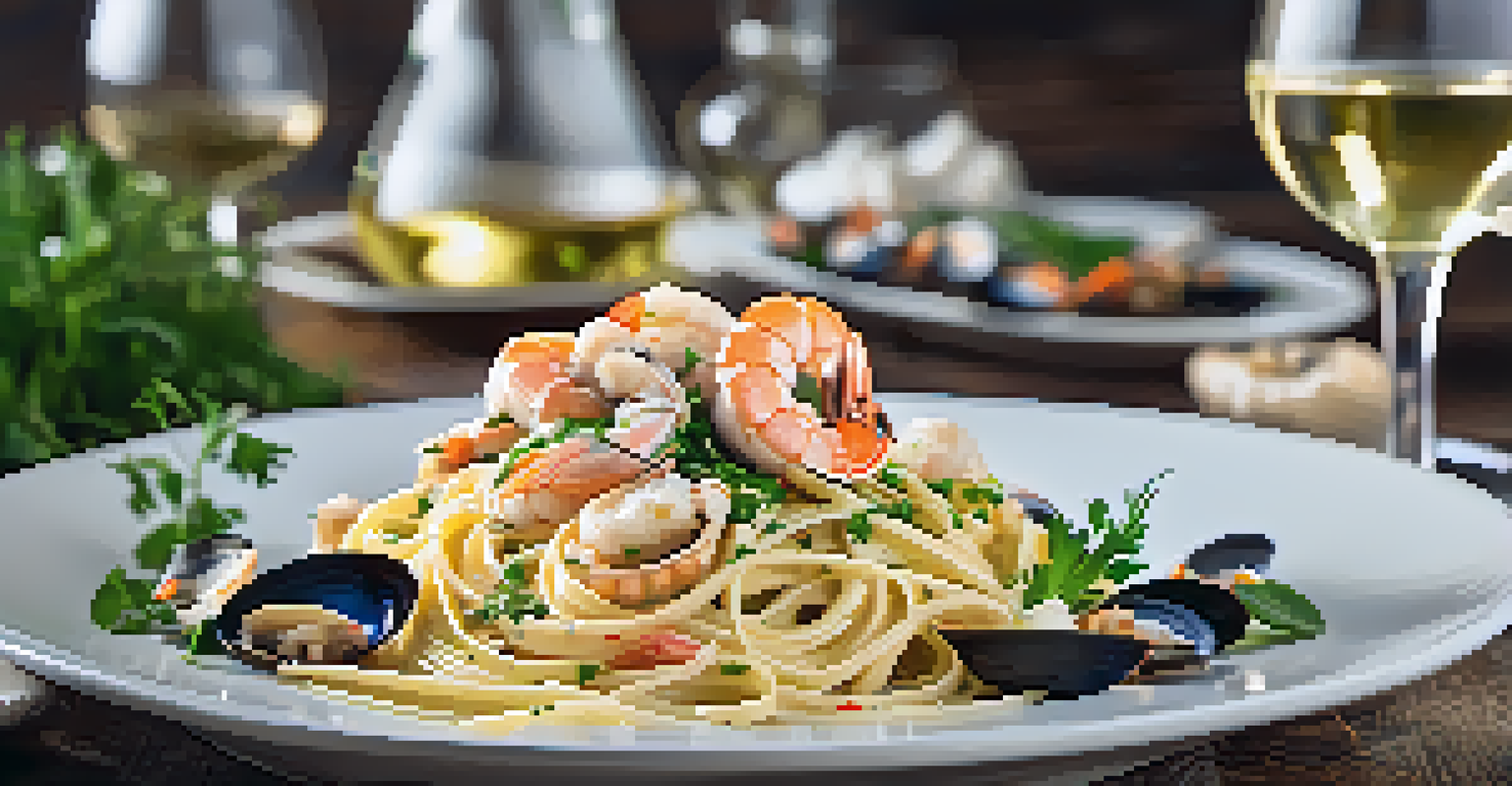 A plate of seafood linguine with herbs, served on a wooden table with a glass of white wine in the background.