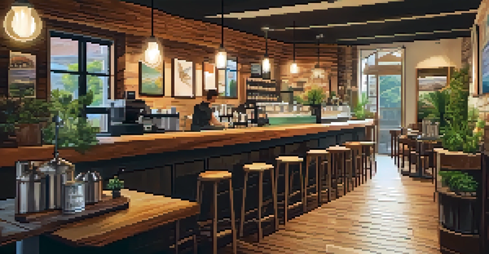 A cozy artisan coffee shop with wooden accents and soft lighting, showcasing a barista brewing coffee and customers enjoying their drinks amid local artwork.