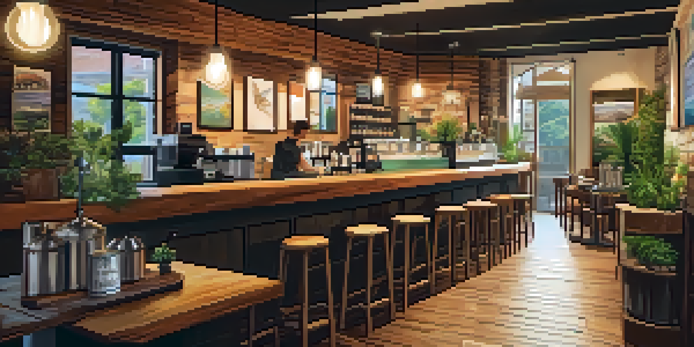 A cozy artisan coffee shop with wooden accents and soft lighting, showcasing a barista brewing coffee and customers enjoying their drinks amid local artwork.