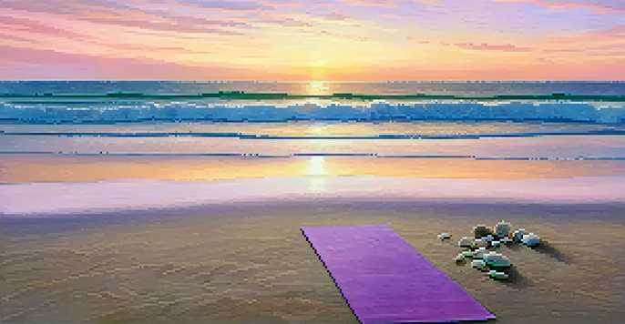 A person practicing yoga on the beach at sunrise with a colorful sky and gentle waves.