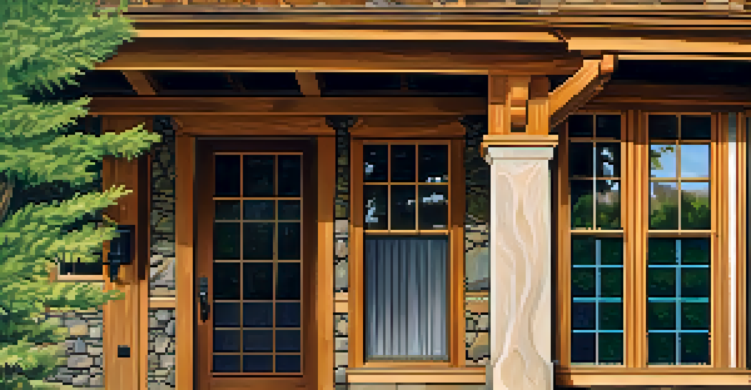 Close-up of intricate woodwork and stone foundation of a Craftsman home, with greenery in the background.