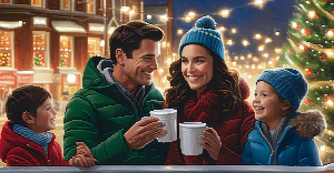A family wrapped in blankets enjoying hot cocoa while watching the Carlsbad Christmas Parade, with a lit Christmas tree behind them.