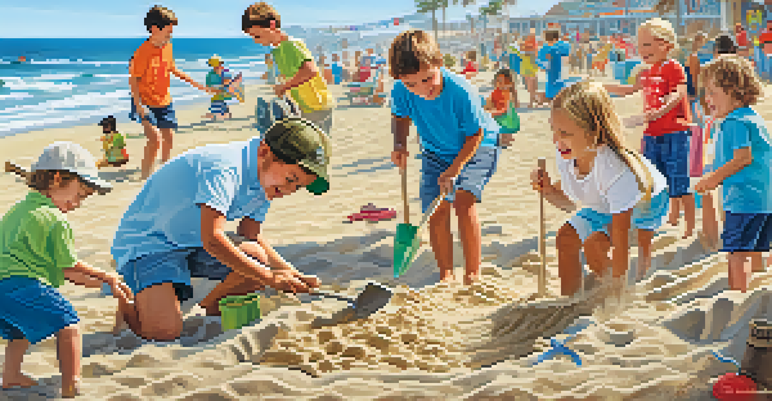 Families participating in a treasure hunt event at Carlsbad Beach, digging in the sand excitedly.