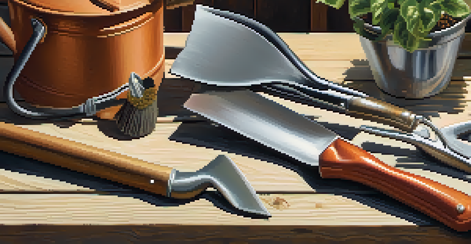 Essential gardening tools including a trowel, gloves, and a watering can arranged on a rustic wooden table with plants in the background.