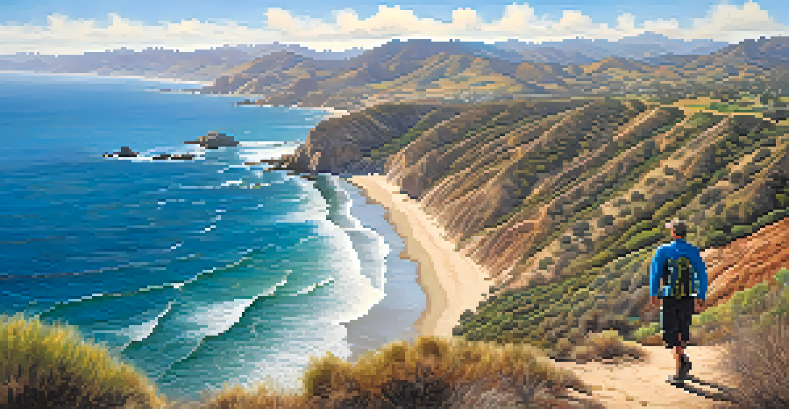 A hiker at a scenic viewpoint overlooking rugged terrain and a beautiful coastline with crashing waves under a blue sky.