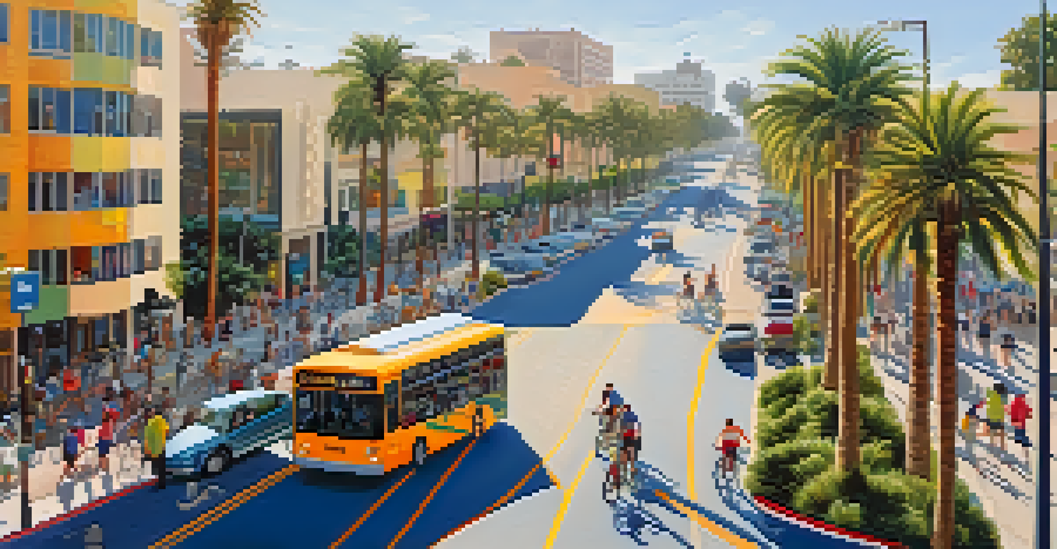 An aerial view of a Carlsbad street with cyclists, pedestrians, and a public bus surrounded by palm trees.