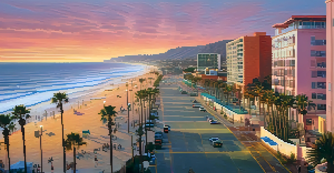 A coastal view of Carlsbad, California, featuring modern buildings and palm trees at sunset, with people on the beach.