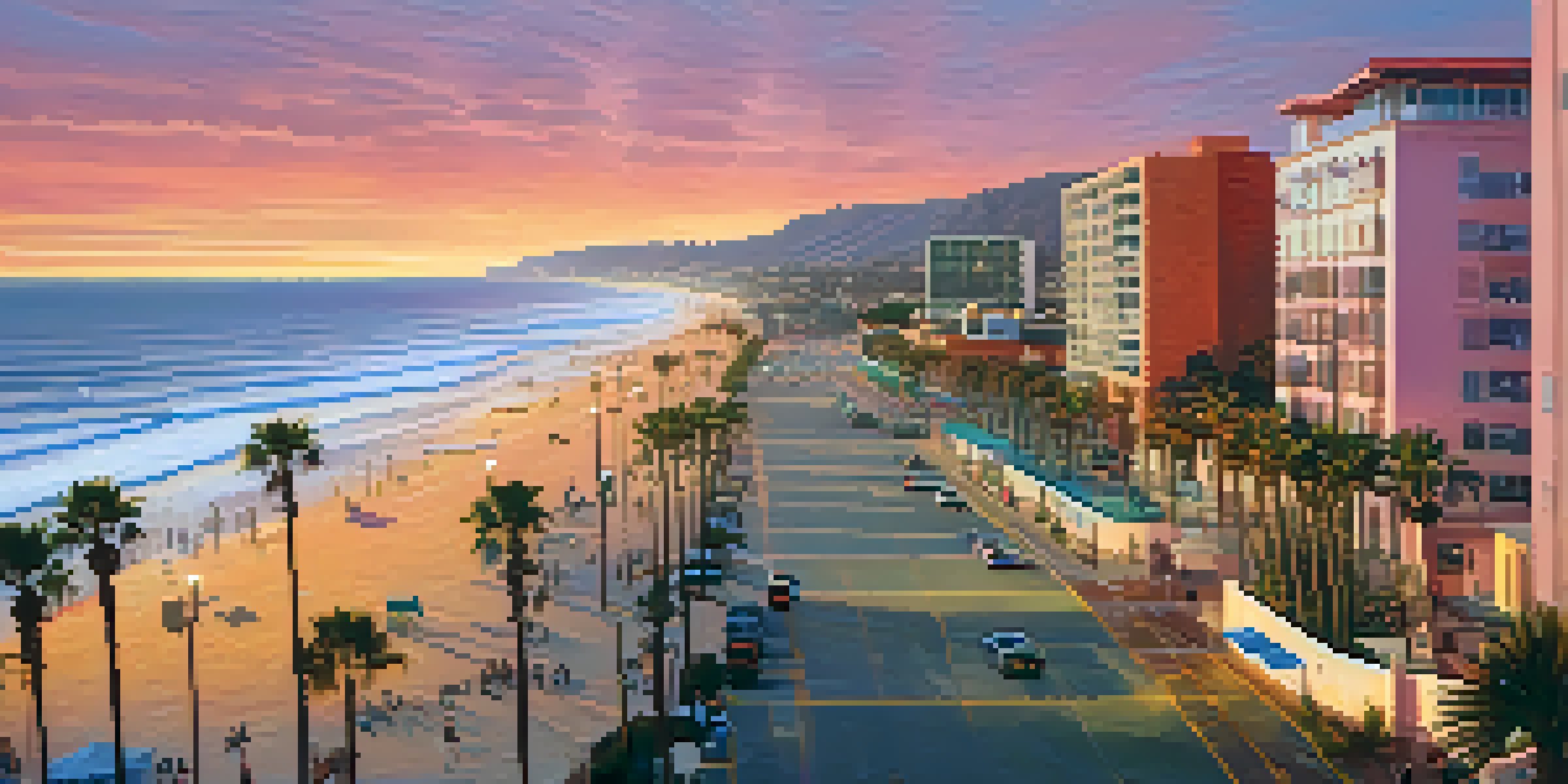 A coastal view of Carlsbad, California, featuring modern buildings and palm trees at sunset, with people on the beach.