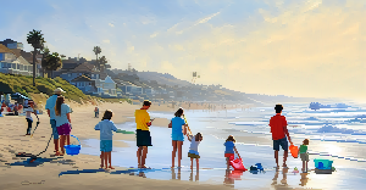 A family participating in a beach clean-up at Carlsbad Beach, with a sunny coastal backdrop.
