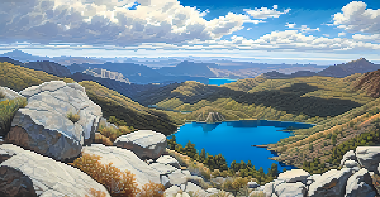 A scenic panoramic view from Calavera Lake Trail showcasing the blue lake and rocky hills.