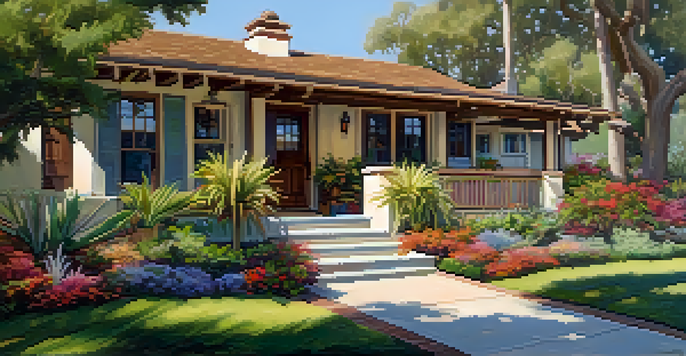 A Craftsman-style home with a front porch and a garden, illuminated by warm sunlight.