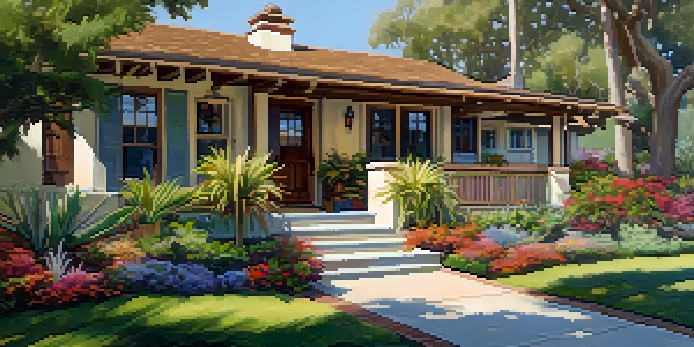 A Craftsman-style home with a front porch and a garden, illuminated by warm sunlight.