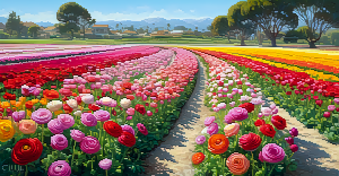 A picturesque view of Carlsbad's Flower Fields filled with rows of colorful ranunculus flowers under a bright blue sky.