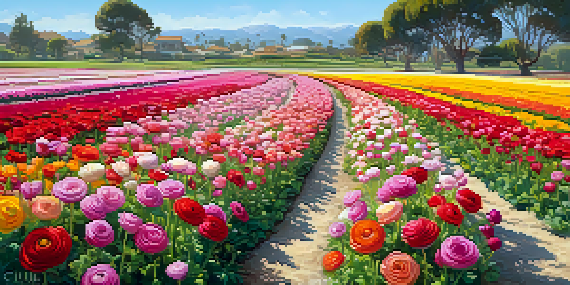 A picturesque view of Carlsbad's Flower Fields filled with rows of colorful ranunculus flowers under a bright blue sky.