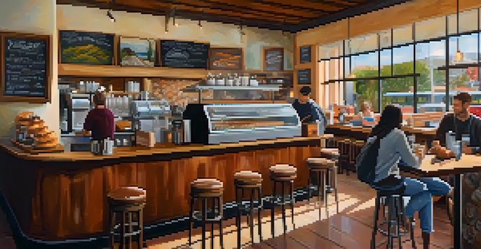 A warm and inviting coffee shop interior with comfortable seating, local art on the walls, and a barista serving coffee.