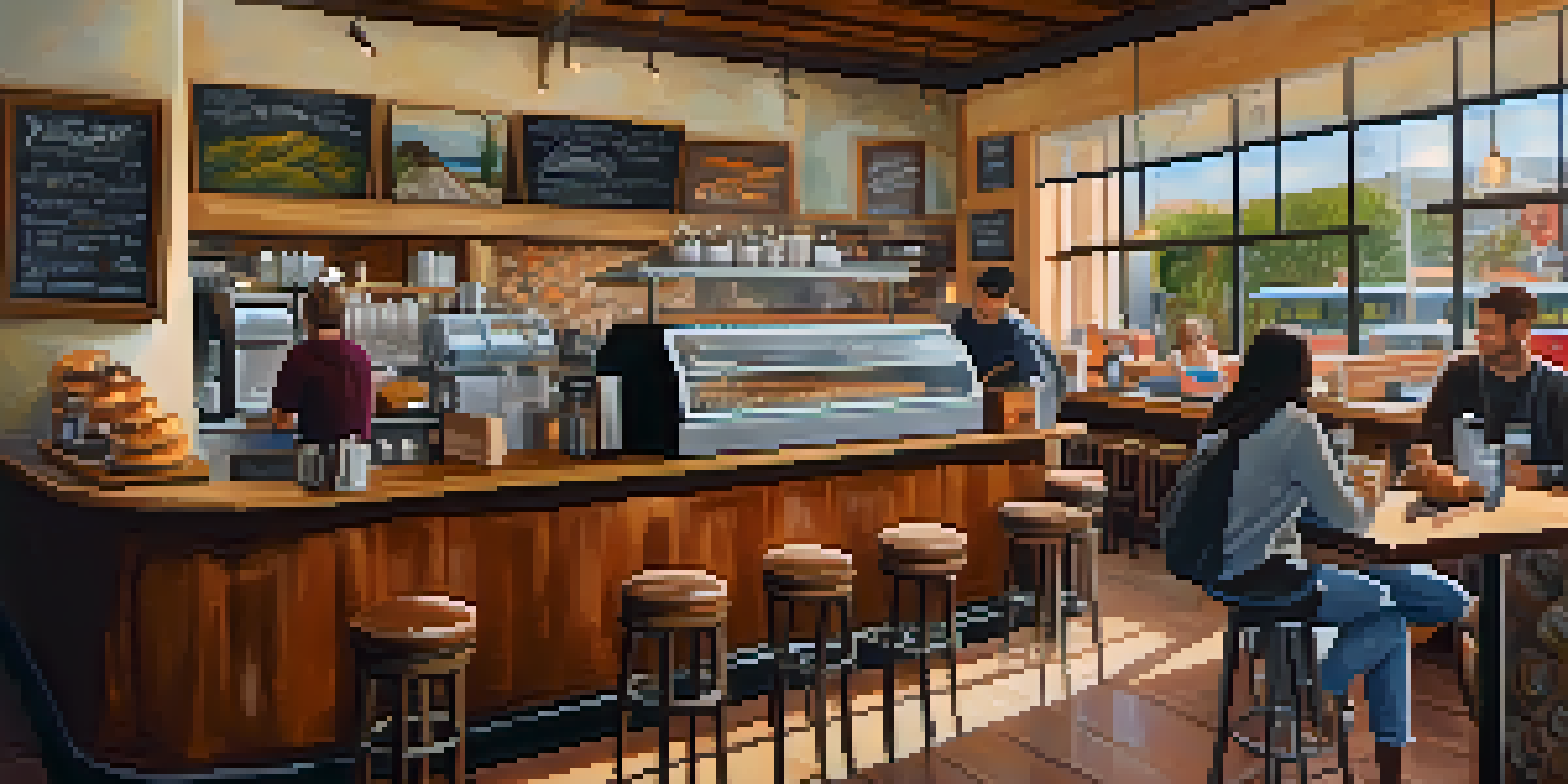 A warm and inviting coffee shop interior with comfortable seating, local art on the walls, and a barista serving coffee.