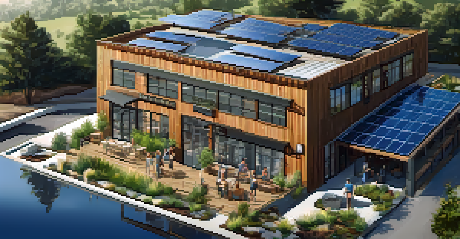 A sustainable brewery in Carlsbad with solar panels and customers enjoying craft beer outdoors.