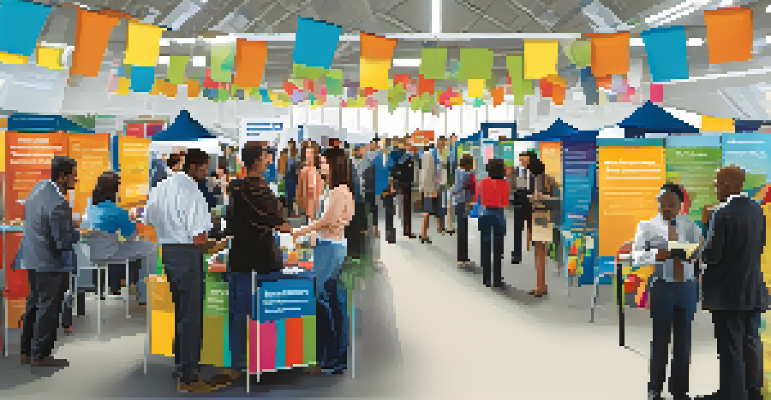 A lively community college job fair with adult learners interacting with recruiters at various booths.