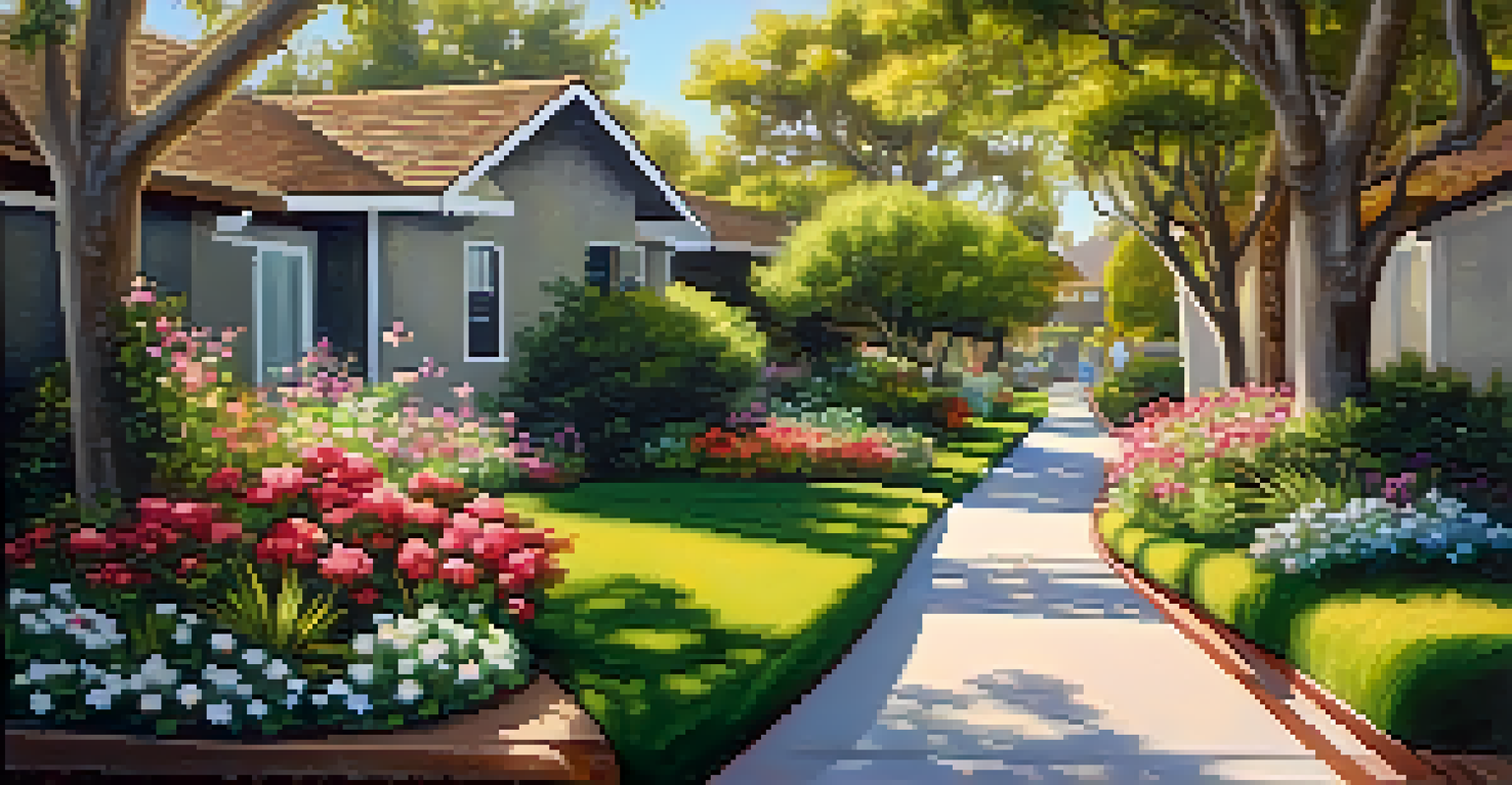 A peaceful walking path in a Carlsbad neighborhood with residents enjoying a leisurely stroll surrounded by blooming flowers and trees under dappled sunlight.